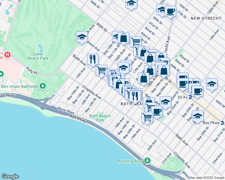 map of restaurants, bars, coffee shops, grocery stores, and more near 204 Bay 14th Street in Brooklyn