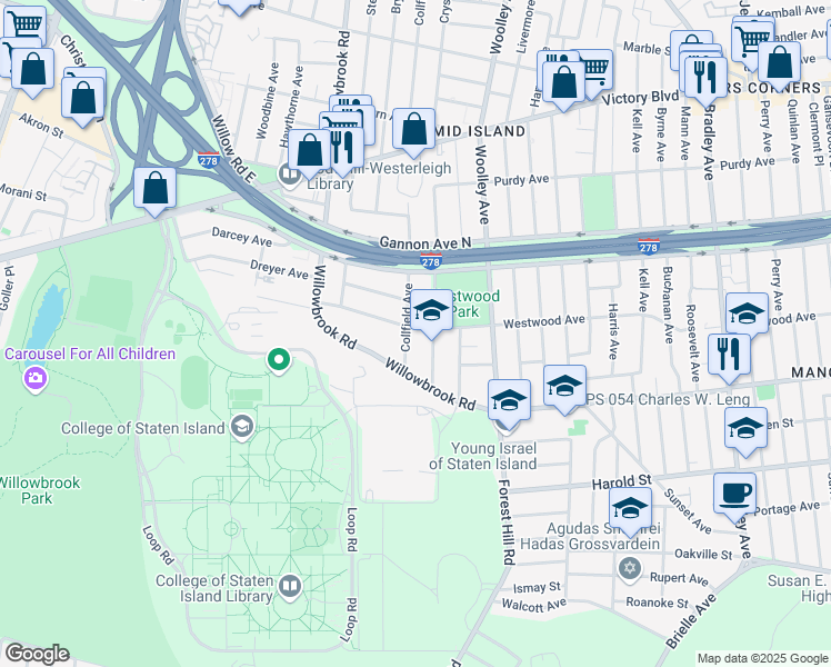 map of restaurants, bars, coffee shops, grocery stores, and more near 240 Woodward Avenue in Staten Island