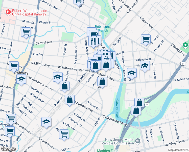 map of restaurants, bars, coffee shops, grocery stores, and more near 1287 Fulton Street in Rahway