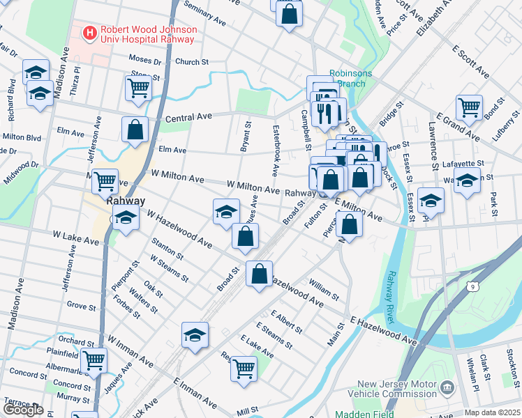 map of restaurants, bars, coffee shops, grocery stores, and more near 60 West Emerson Avenue in Rahway