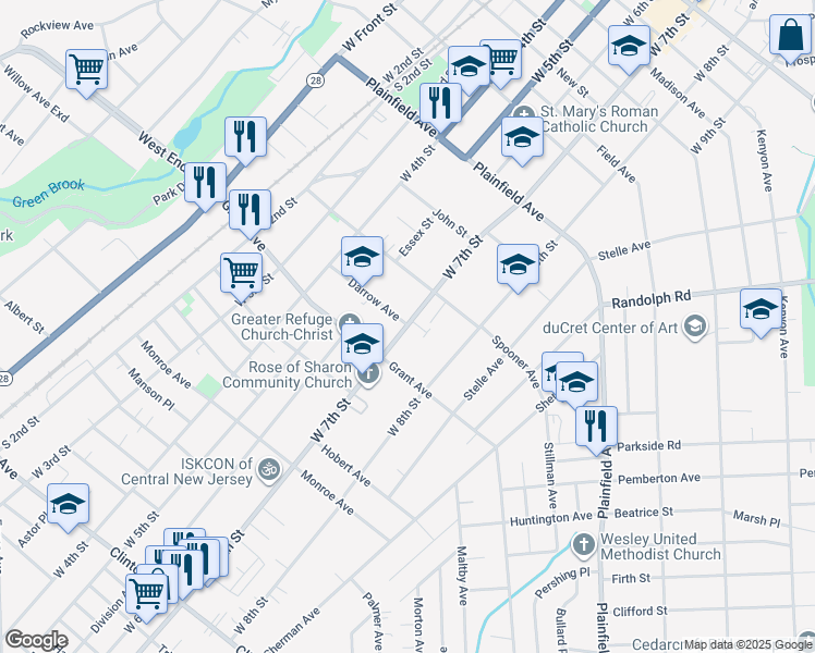 map of restaurants, bars, coffee shops, grocery stores, and more near 737 West 7th Street in Plainfield
