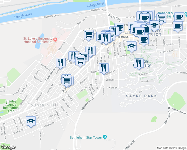 map of restaurants, bars, coffee shops, grocery stores, and more near 623 Jischke Street in Bethlehem