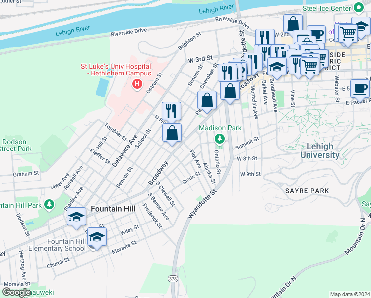 map of restaurants, bars, coffee shops, grocery stores, and more near 608 Fiot Avenue in Bethlehem