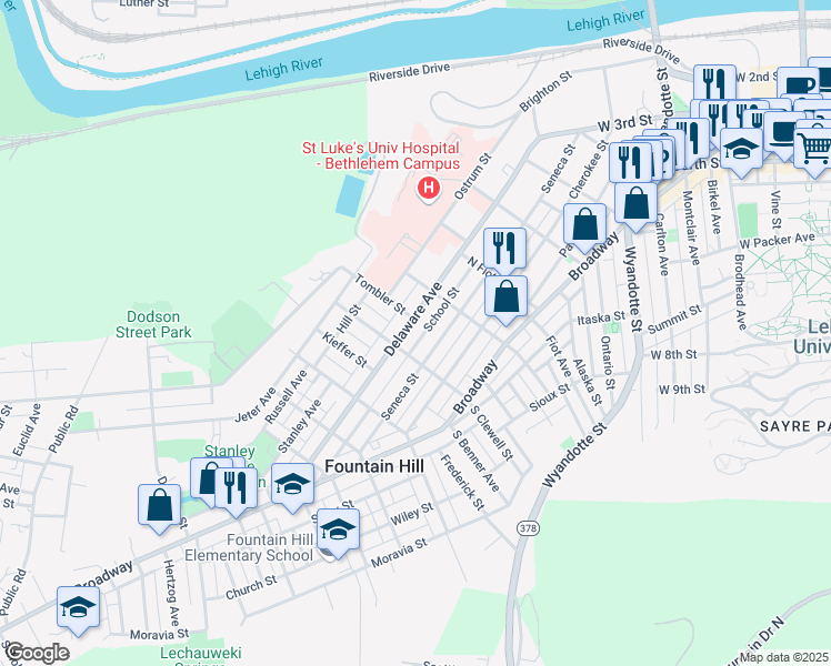 map of restaurants, bars, coffee shops, grocery stores, and more near in Fountain Hill