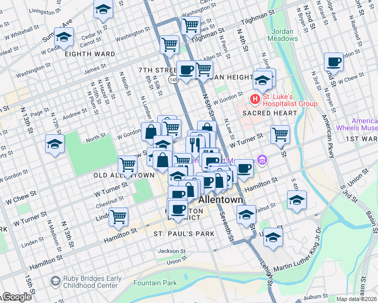 map of restaurants, bars, coffee shops, grocery stores, and more near 721 West Turner Street in Allentown
