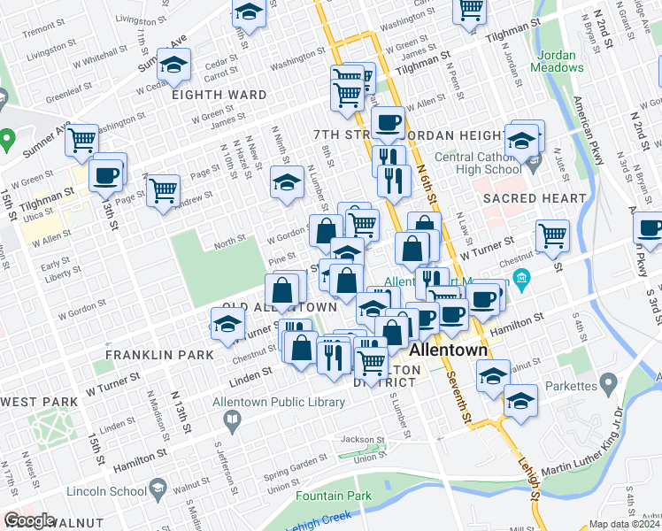 map of restaurants, bars, coffee shops, grocery stores, and more near 235 North Ninth Street in Allentown