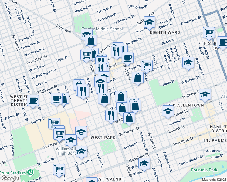 map of restaurants, bars, coffee shops, grocery stores, and more near 1429 Liberty Street in Allentown