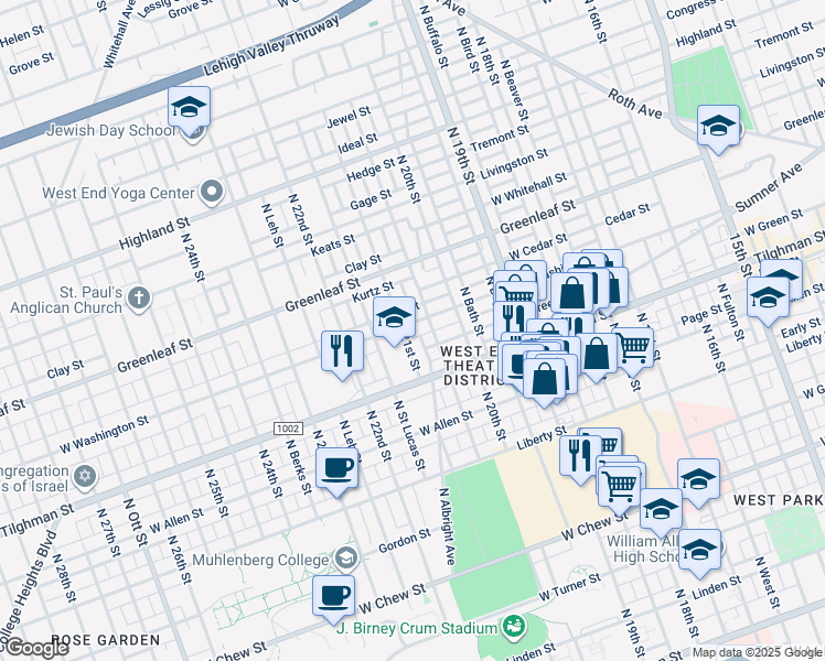 map of restaurants, bars, coffee shops, grocery stores, and more near 735 North 21st Street in Allentown