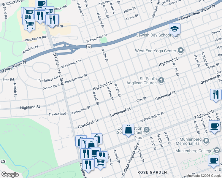 map of restaurants, bars, coffee shops, grocery stores, and more near 1021 North Main Street in Allentown