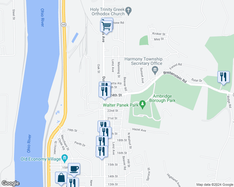 map of restaurants, bars, coffee shops, grocery stores, and more near 806 24th Street in Ambridge