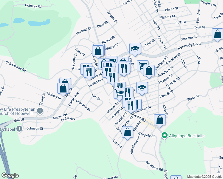 map of restaurants, bars, coffee shops, grocery stores, and more near 2665 Brodhead Road in Aliquippa