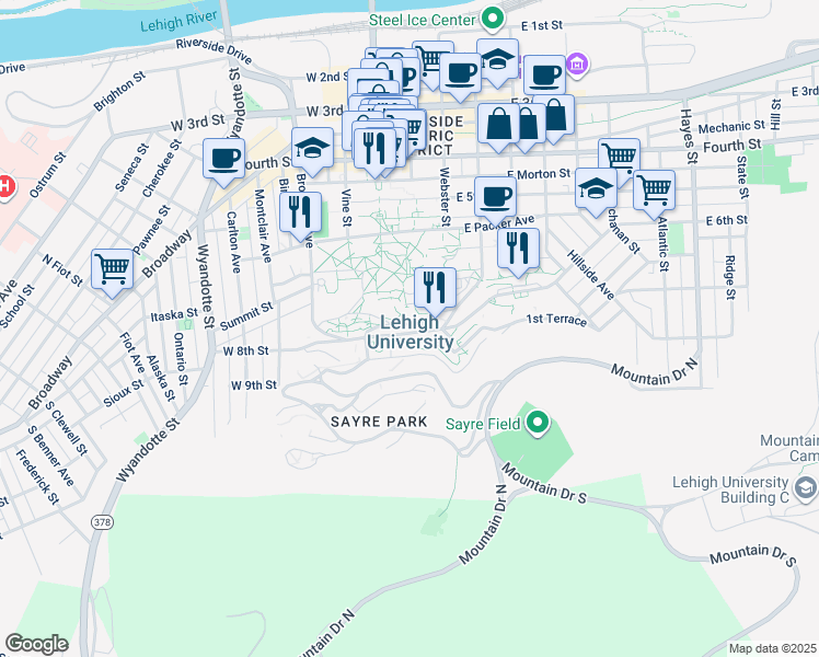 map of restaurants, bars, coffee shops, grocery stores, and more near 27 Memorial Drive West in Bethlehem