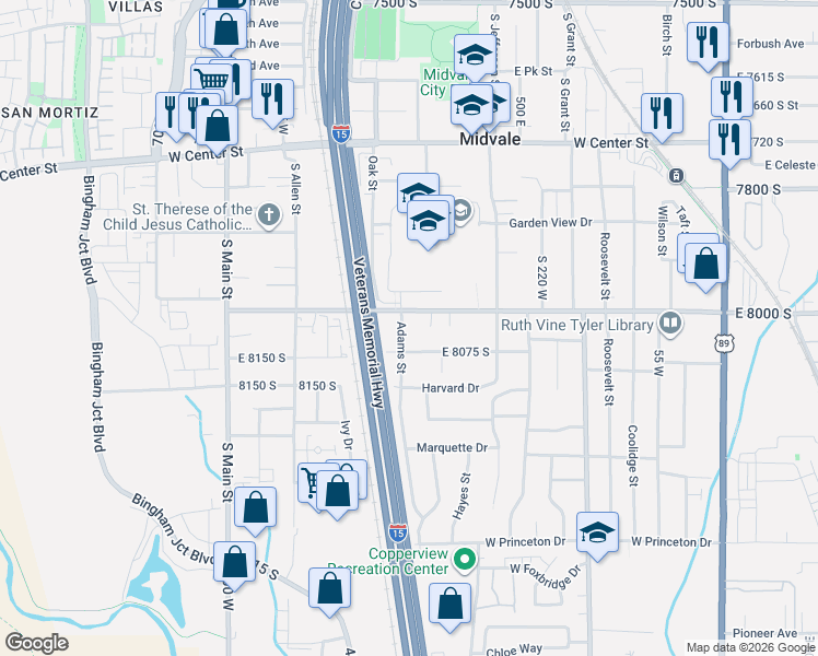 map of restaurants, bars, coffee shops, grocery stores, and more near 8029 South Adams Street in Midvale