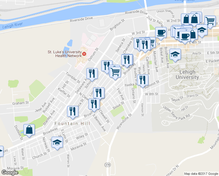 map of restaurants, bars, coffee shops, grocery stores, and more near 829 Broadway in Bethlehem