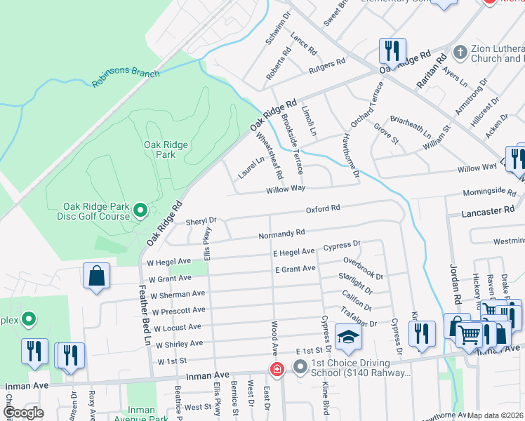 map of restaurants, bars, coffee shops, grocery stores, and more near 203 Oxford Road in Edison