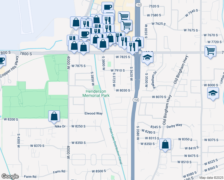 map of restaurants, bars, coffee shops, grocery stores, and more near 3708 West 8070 South in West Jordan