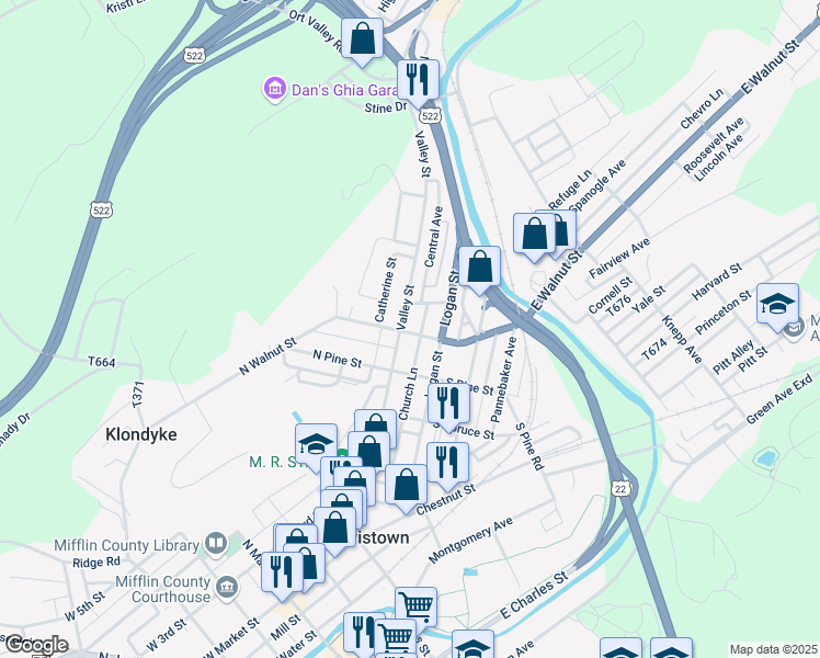 map of restaurants, bars, coffee shops, grocery stores, and more near 3 South Walnut Street in Lewistown