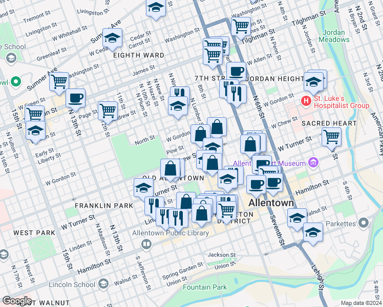 map of restaurants, bars, coffee shops, grocery stores, and more near 913 West Chew Street in Allentown
