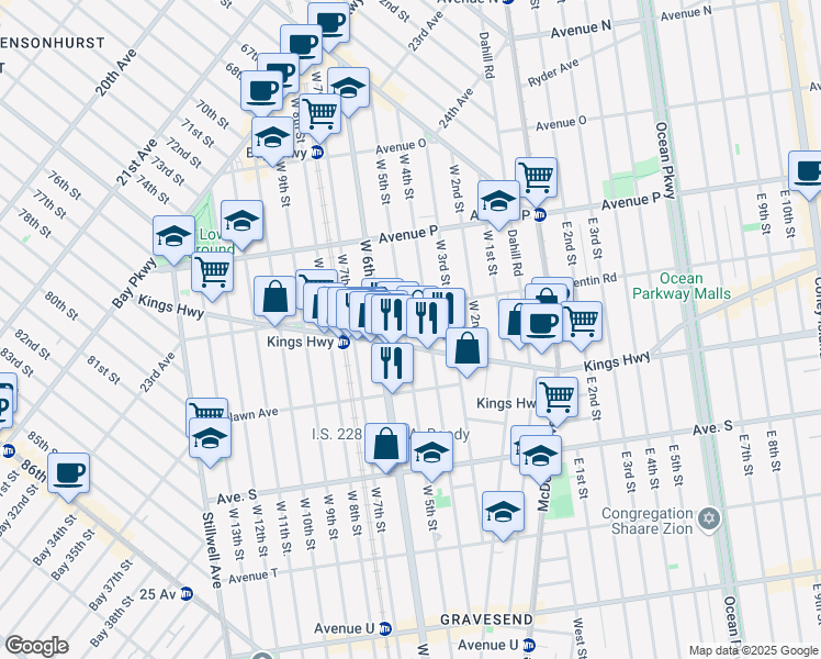 map of restaurants, bars, coffee shops, grocery stores, and more near 1725 West 5th Street in Brooklyn