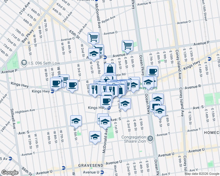 map of restaurants, bars, coffee shops, grocery stores, and more near 1950 McDonald Avenue in Brooklyn