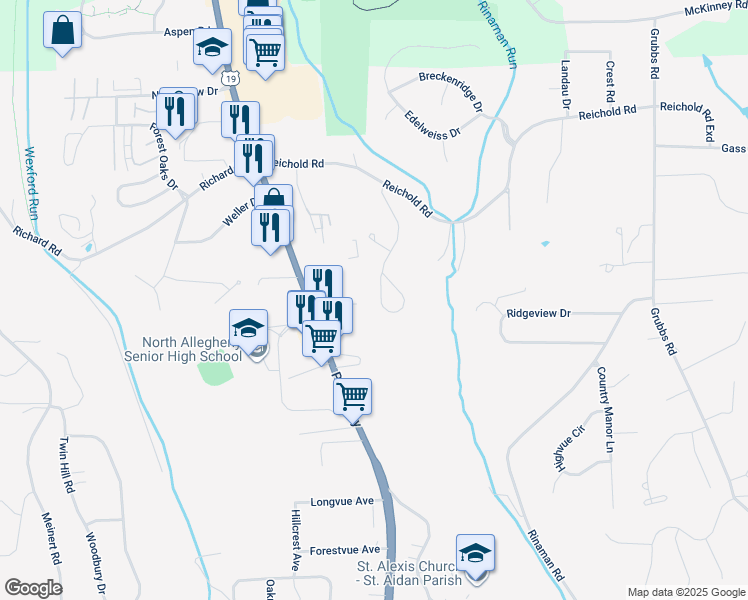 map of restaurants, bars, coffee shops, grocery stores, and more near 90 Einhouse Drive in Wexford