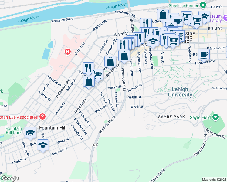 map of restaurants, bars, coffee shops, grocery stores, and more near 623 Jischke Street in Bethlehem