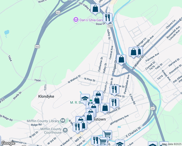 map of restaurants, bars, coffee shops, grocery stores, and more near 131 North Walnut Street in Lewistown