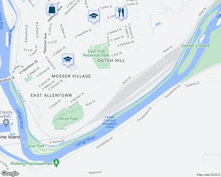 map of restaurants, bars, coffee shops, grocery stores, and more near 623 River Drive in Allentown