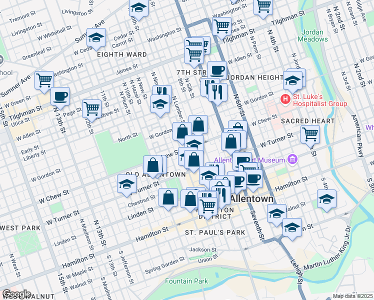 map of restaurants, bars, coffee shops, grocery stores, and more near 838 West Chew Street in Allentown
