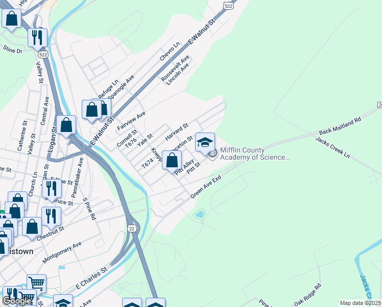 map of restaurants, bars, coffee shops, grocery stores, and more near Columbia Street in Lewistown