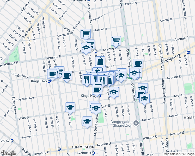 map of restaurants, bars, coffee shops, grocery stores, and more near 1950 McDonald Avenue in Brooklyn