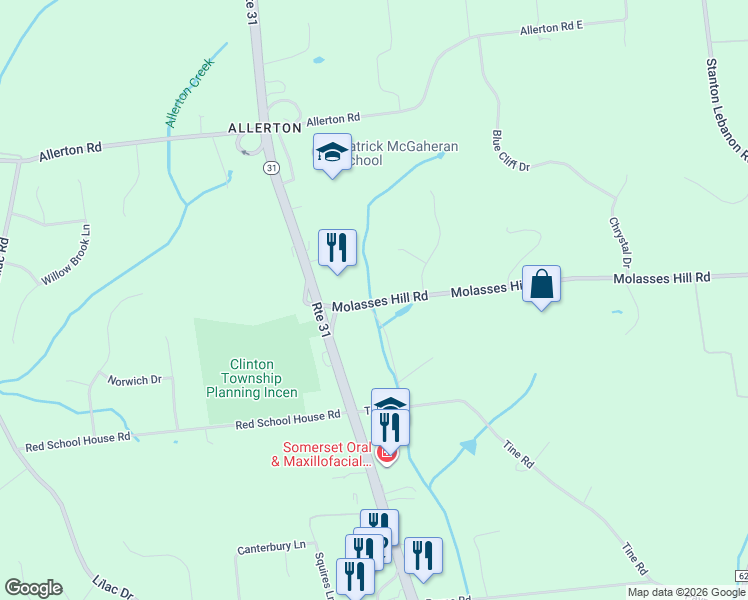 map of restaurants, bars, coffee shops, grocery stores, and more near 14 Kings Road in Lebanon