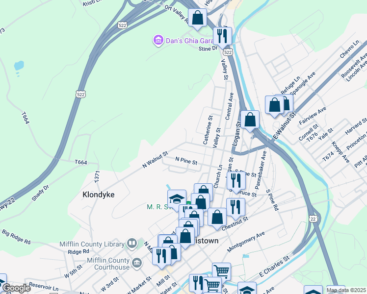 map of restaurants, bars, coffee shops, grocery stores, and more near 147 North Walnut Street in Lewistown