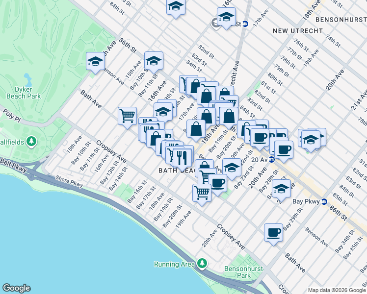 map of restaurants, bars, coffee shops, grocery stores, and more near 8730 18th Avenue in Brooklyn