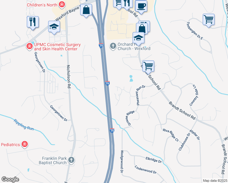 map of restaurants, bars, coffee shops, grocery stores, and more near 2718 Meadowcrest Court in Wexford