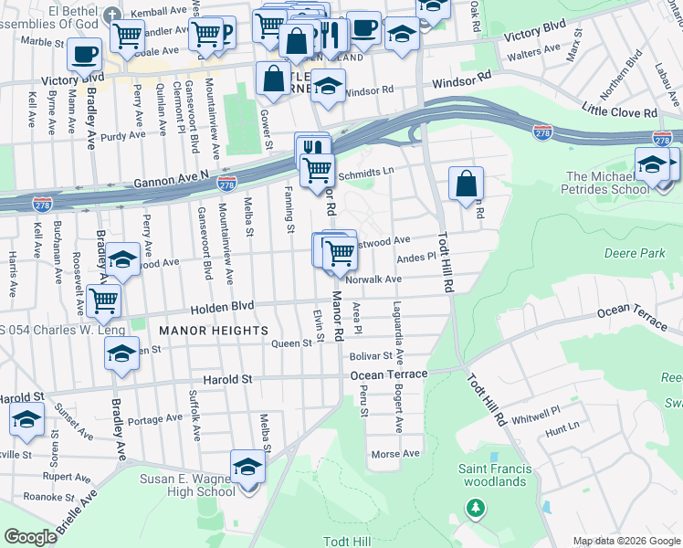 map of restaurants, bars, coffee shops, grocery stores, and more near 876 Manor Road in Staten Island
