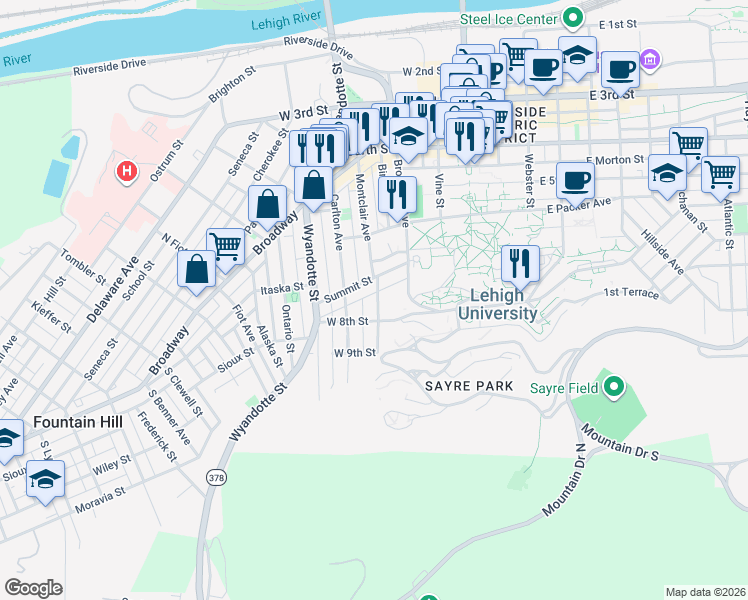 map of restaurants, bars, coffee shops, grocery stores, and more near 618 Montclair Avenue in Bethlehem
