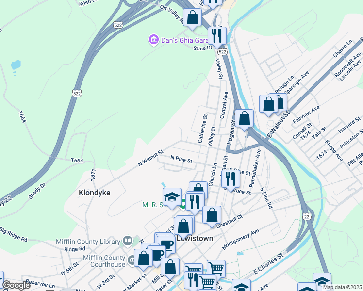 map of restaurants, bars, coffee shops, grocery stores, and more near 135 North Walnut Street in Lewistown
