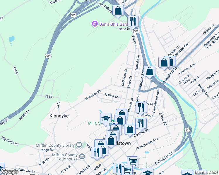 map of restaurants, bars, coffee shops, grocery stores, and more near 147 North Walnut Street in Lewistown