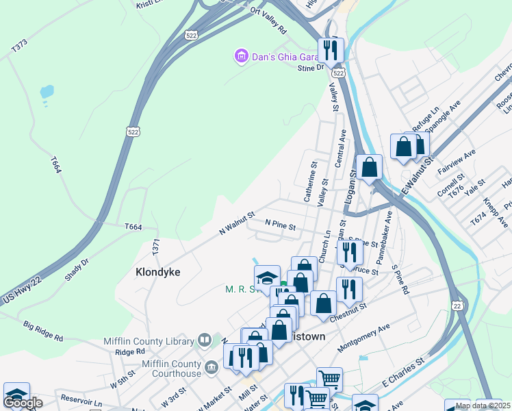 map of restaurants, bars, coffee shops, grocery stores, and more near 156 North Walnut Street in Lewistown