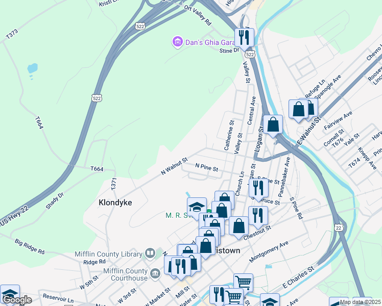 map of restaurants, bars, coffee shops, grocery stores, and more near 156 North Walnut Street in Lewistown