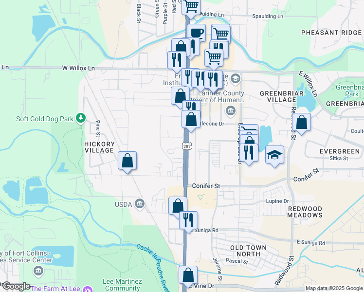 map of restaurants, bars, coffee shops, grocery stores, and more near 1304 North College Avenue in Fort Collins
