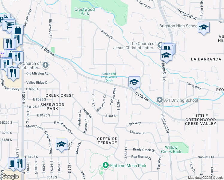 map of restaurants, bars, coffee shops, grocery stores, and more near 8028 South Telford Way in Sandy