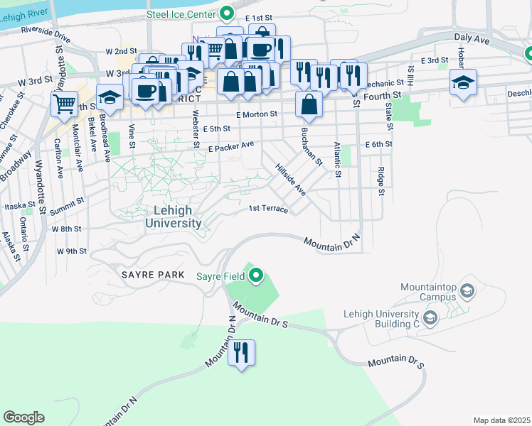 map of restaurants, bars, coffee shops, grocery stores, and more near 436 1st Terrace in Bethlehem