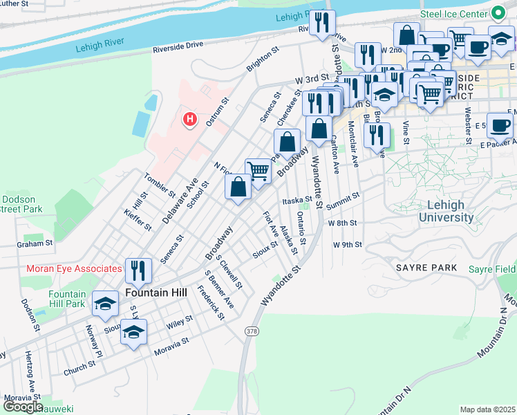 map of restaurants, bars, coffee shops, grocery stores, and more near 512 Fiot Avenue in Bethlehem