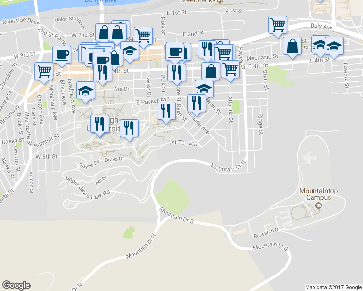 map of restaurants, bars, coffee shops, grocery stores, and more near 436 1st Terrace in Bethlehem
