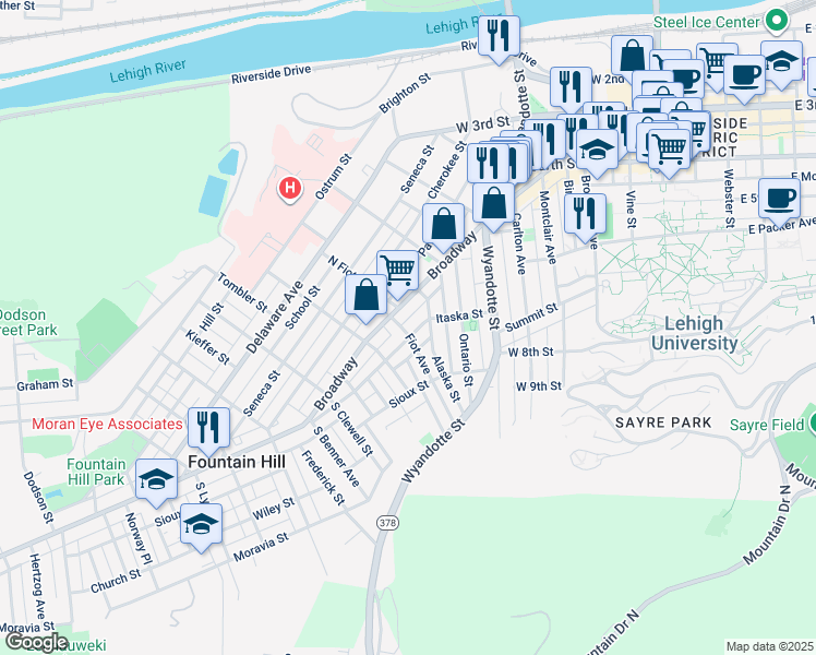 map of restaurants, bars, coffee shops, grocery stores, and more near 517 Fiot Avenue in Bethlehem