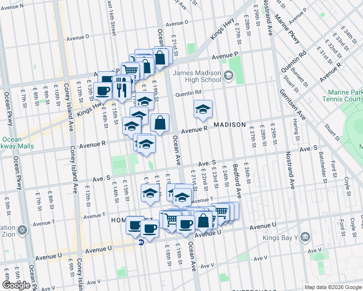 map of restaurants, bars, coffee shops, grocery stores, and more near 1960 East 21st Street in Brooklyn