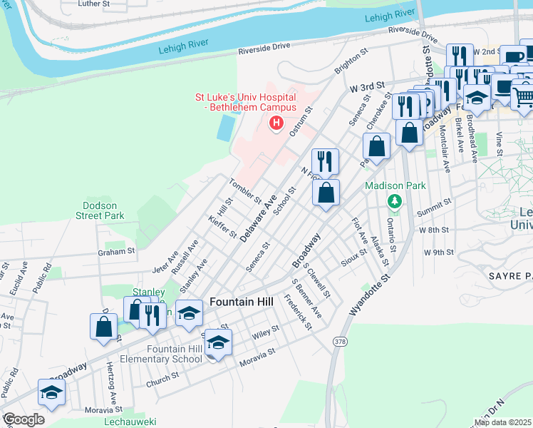 map of restaurants, bars, coffee shops, grocery stores, and more near 942 Delaware Avenue in Fountain Hill