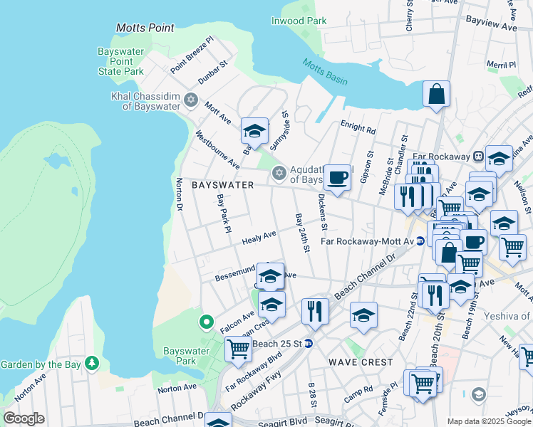 map of restaurants, bars, coffee shops, grocery stores, and more near 1111 Bay 25th Street in Queens